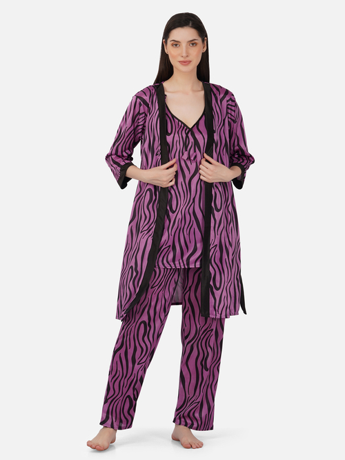 Romaisa Women's Satin Printed Purple Top and Pyjama with Robe