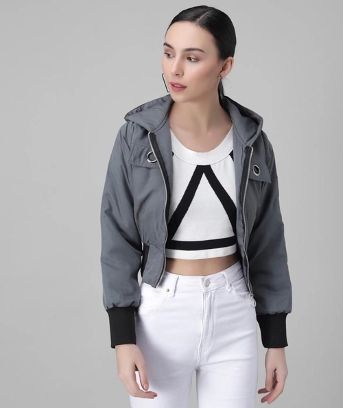 Women Solid Light Weight Casual Short Jacket (Color Grey) (Size XL)