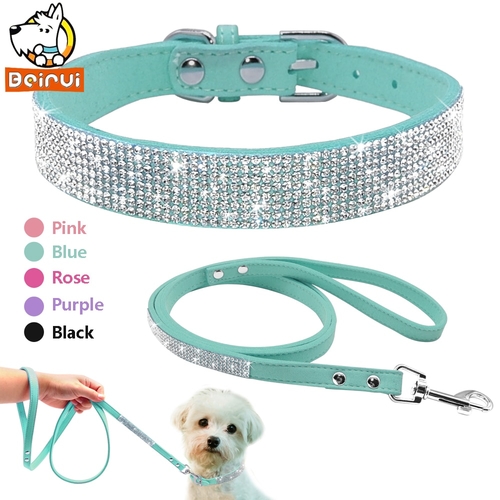 Suede Leather Dog Collar Leash Set Rhinestone