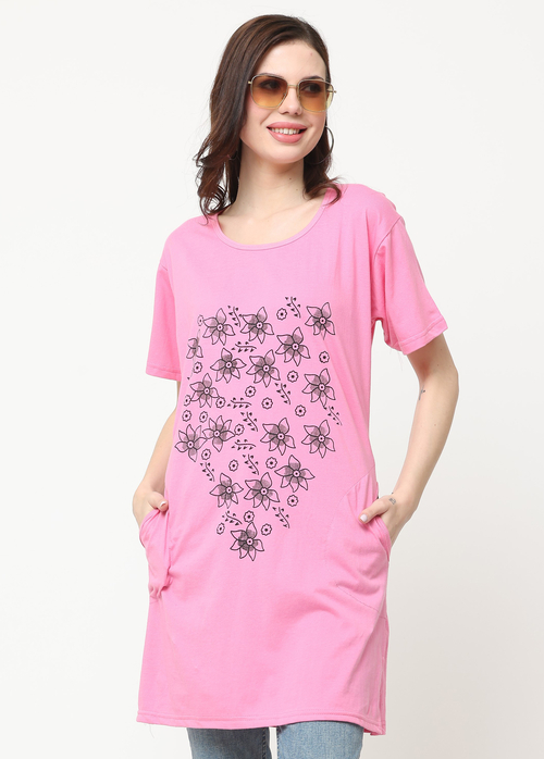 Round Neck Cotton Printed Long Tshirt (Size-Xl) (Color-Baby Pink)