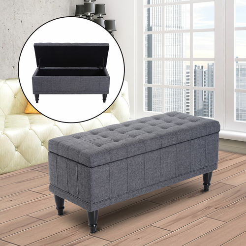 HOMCOM Storage Bench Tufted Linen Fabric Ottoman Footstool with Soft