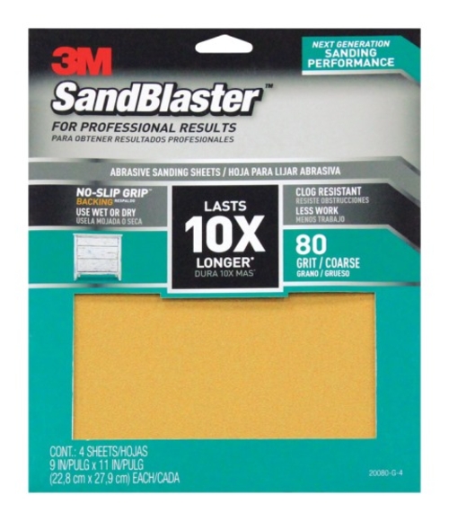 3M 20080-G-4 SandBlaster Sandpaper with No Slip Grip Backing  80 Grit 