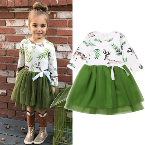 Christmas Kids Girls Dress Deer Tutu Party