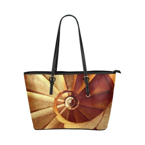 Large Leather Tote Shoulder Bag - Beige and Brown Swirl Print