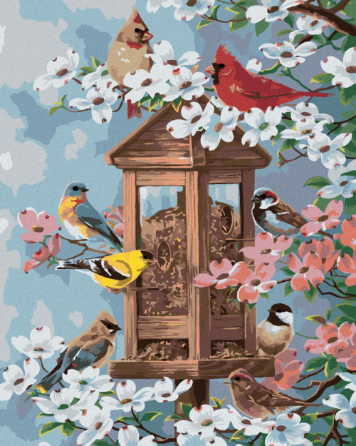 Paint by Numbers - SONGBIRDS AT THE BIRDHOUSE AND FLOWERING TREES