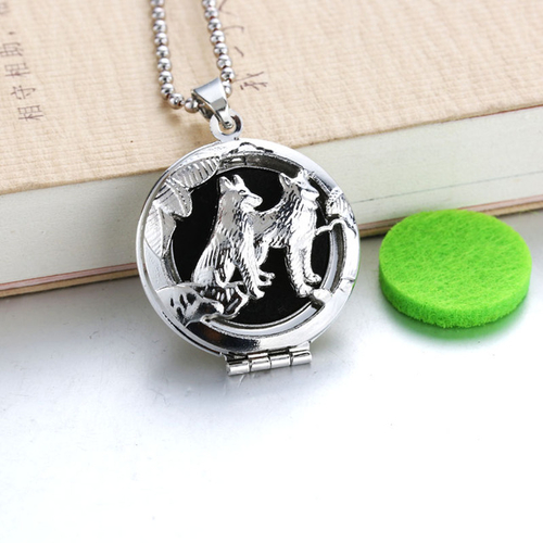 Wolf Vintage Aroma Diffuser Necklace Open Antique