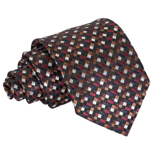 Chequered Geometric Classic Tie - Black with Bronze, Silver and Red