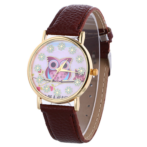 Pretty Fashion Women Leather Owl Pattern Quartz