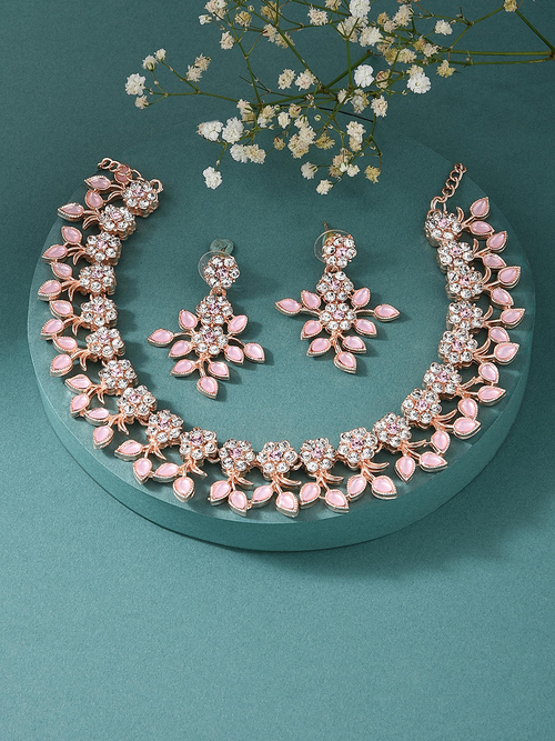 American Diamond Pink Stones Rose Gold Plated Floral Jewellery Set