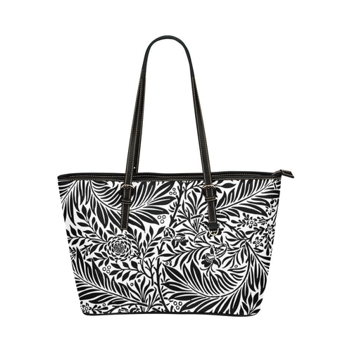 Large Leather Tote Shoulder Bag - Black and White Tropical Print T1294