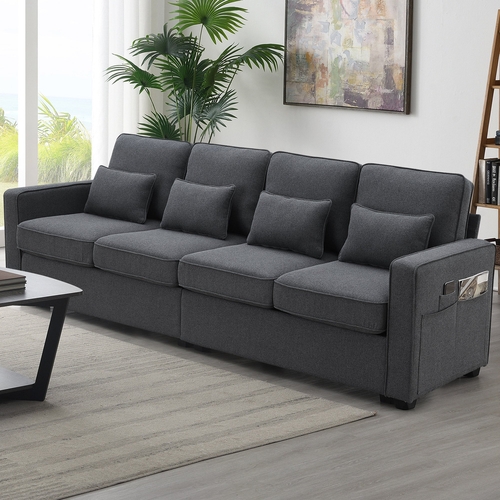 104" 4-Seater Modern Linen Fabric Sofa with Armrest Pockets and 4