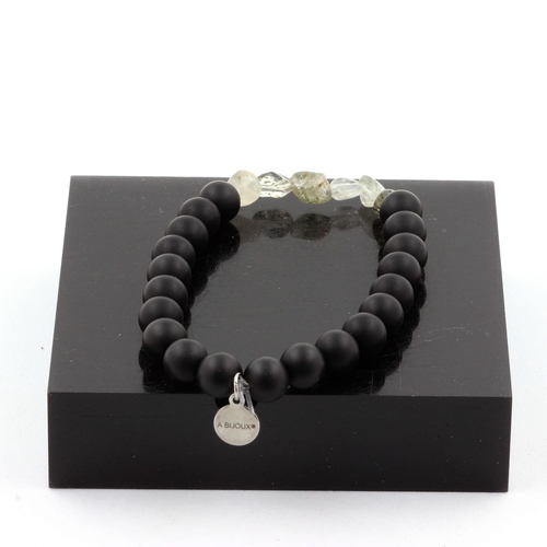 Rutilated Tourmaline Quartz + Matte black Onyx Bracelet 8 mm Beads.