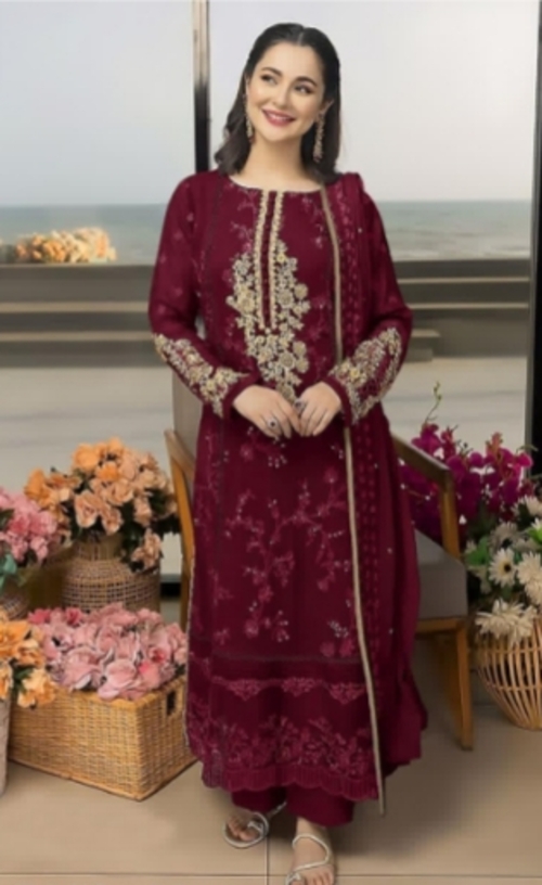 Unstitched Cotton Salwar Suit Material Embroidered Color Maroon