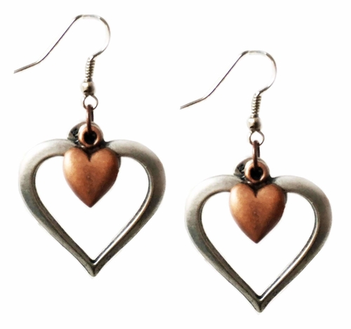 Heart cluster earrings in brass and silver. Perfect for valentines