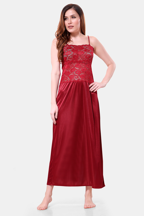 Romaisa Women's Satin Solid Maroon Maxi Length Nightgown