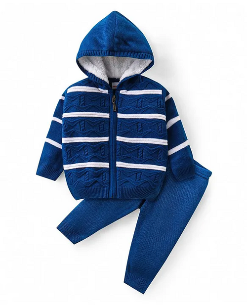 Knit Full Sleeves Hooded Striped Sweater Set  (Size-1-2YEAR)