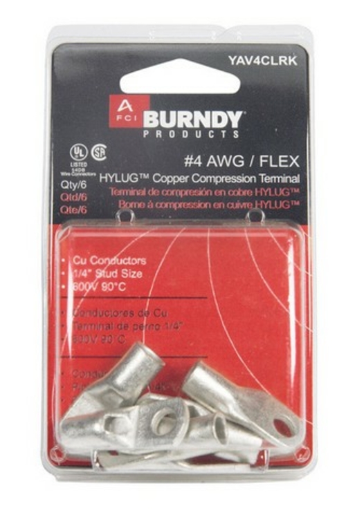 Burndy YAV4CLRK 4 AWG 0.25 in. Stud Heavy Duty Ring Tongue Terminal  