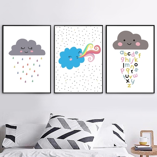 Cartoon Blue Cloud Raindrop Alphabet Wall Art