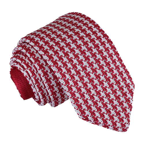 Houndstooth Knitted Slim Tie - White & Red