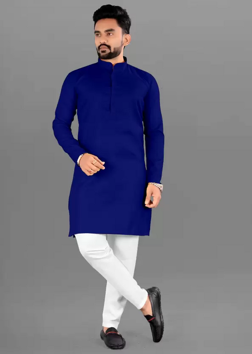 Men Solid Cotton Blend Straight Kurta  (Royal Blue) (Size UK 40)