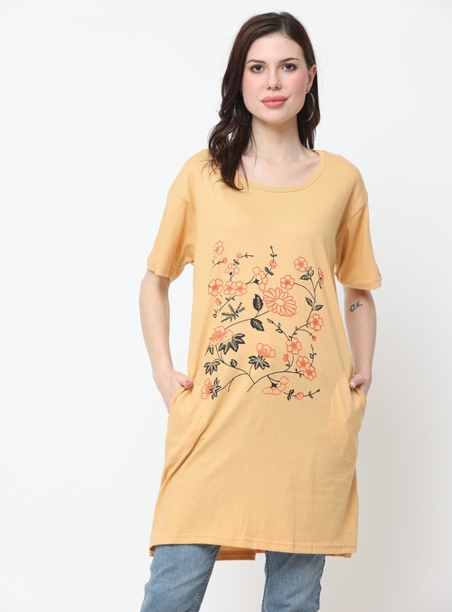 Women'S Round Neck Cotton Printed Long Tshirt (Size-Xl) (Color-Skin)