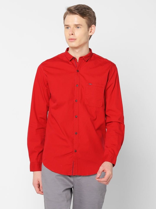 Solid Plain Cotton Shirt Long Sleeves (Size-2XL) (Color-RED)