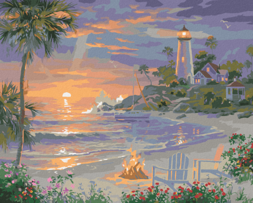 Paint by Numbers - BONFIRE ON THE BEACH, LIGHTHOUSE AND SUNSET