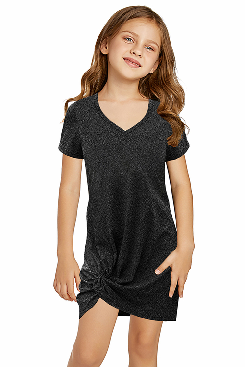 Black Little Girls' V Neck T-shirt Mini Dress with Twist Hem