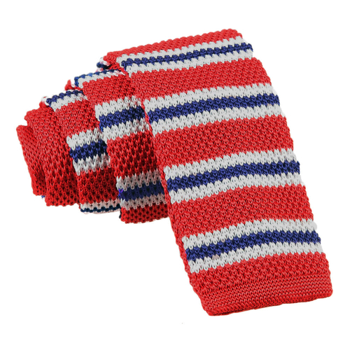 Knitted 3 Thin Stripe Skinny Tie - Knitted Red with Blue & White Thin