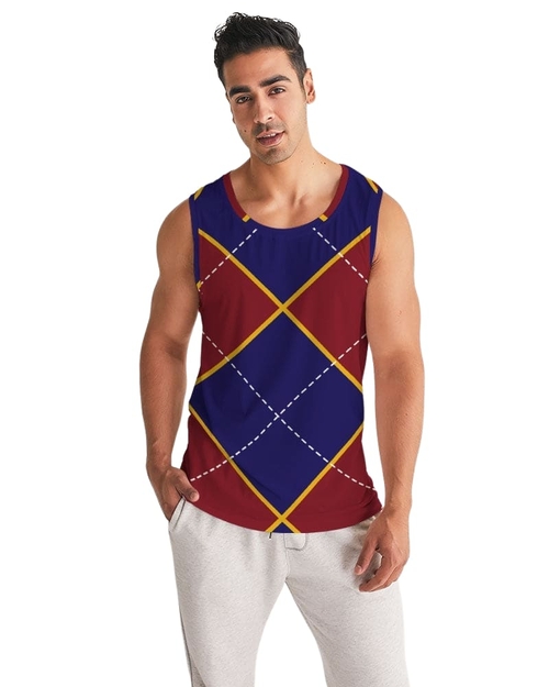 Mens Tank Top - Sleeveless Shirt / Red and Blue Argyle - S1001m0