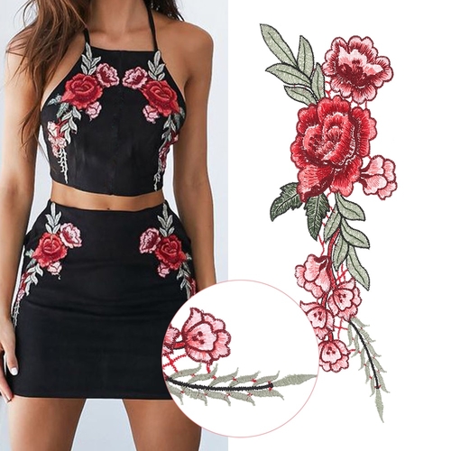 2PCs Embroidery Red Rose Flower Sew On Patch Dress