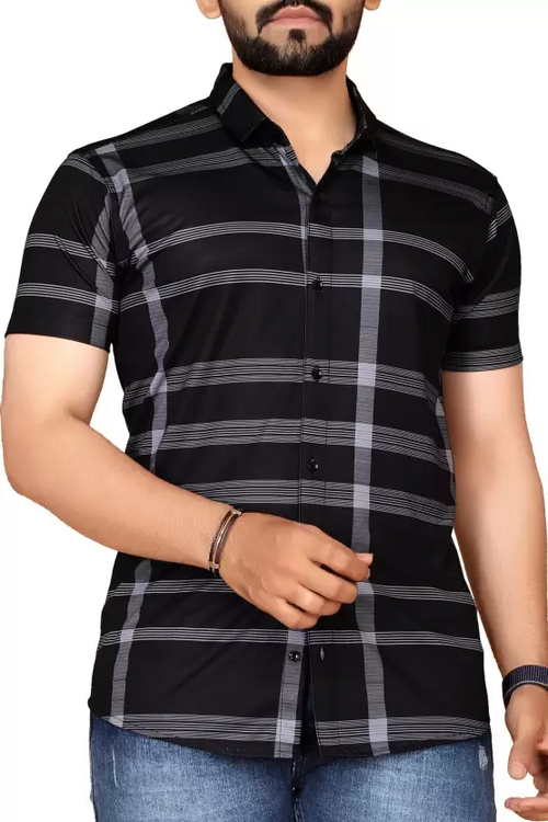 Men Regular Fit Checkered Spread Collar Casual Shirt Grey, Black (Size