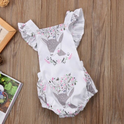 Newborn Baby Girls Deer Flowers Jumpsuit Bodysuit