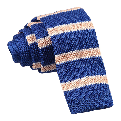 Knitted Stripe with 2 Borders Skinny Tie - Knitted Royal Blue, Cream