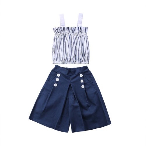 Kids Baby Girls Vertical Striped Tops Shirt+Denim