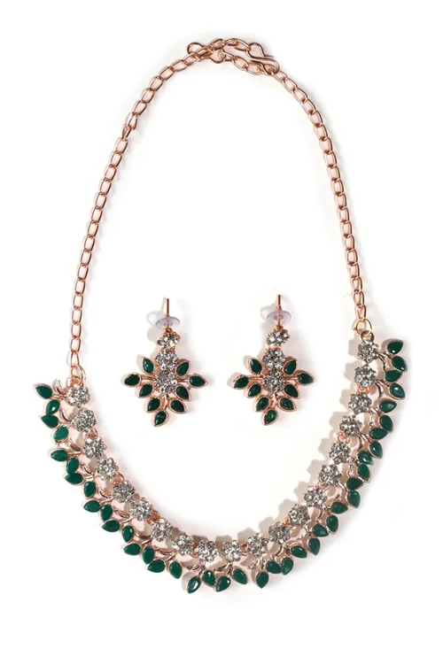 Green Leaf Pattern Premium Gold Plated Jewellery Set With Earring