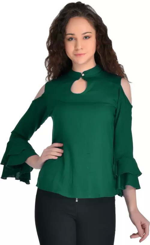 Casual Cold Shoulder Sleeves Solid Women Top (Size-S) DARK GREEN)