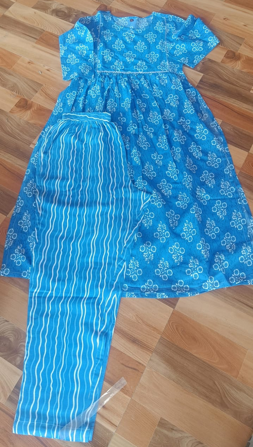 Women Blue Rayon printed nayra cut Kurti with pant set Size XL