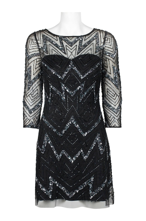 Aidan Mattox Boat Neck Illusion 3/4 Sleeve Zipper Back Embellished