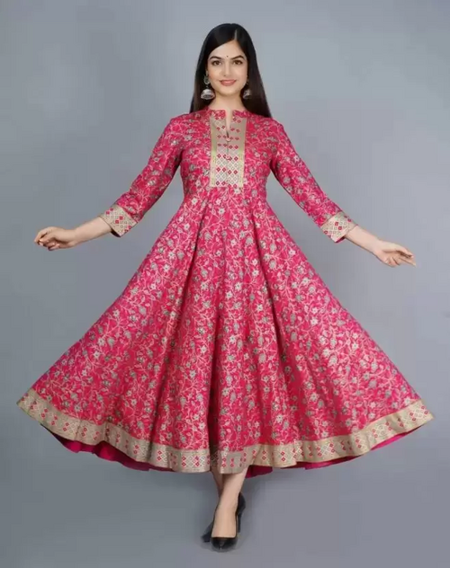 Women Printed Viscose Rayon Anarkali Kurta  (Pink) size XL