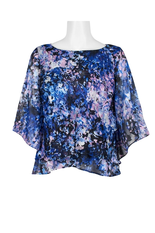 Alex Evenings Boat Neck 3/4 Sleeve Tiered Multi Print Burnout Top