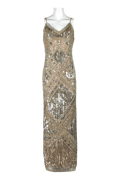 Aidan Mattox V-Neck Spaghetti Strap Sequined Beaded Dress