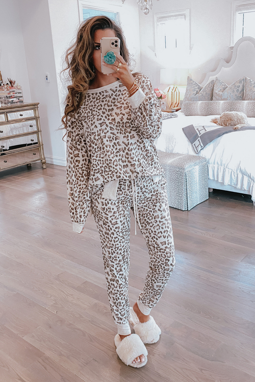 Leopard Print Long Sleeve Top & Drawstring Joggers Loungewear