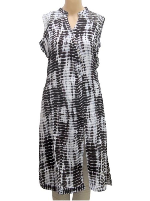 Blue Smoky Printed Front Slit Rayon Sleeveless