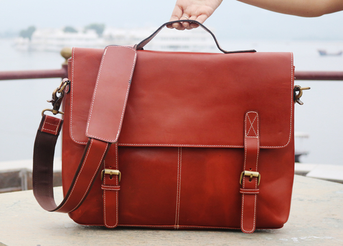 Handmade Orange Handle  Leather Laptop Bag.