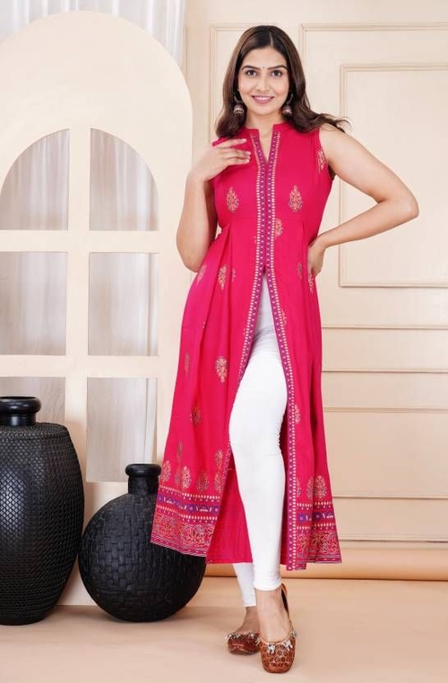 Women Printed Viscose Rayon Anarkali Kurta SIZE-XS COLOR-PINK