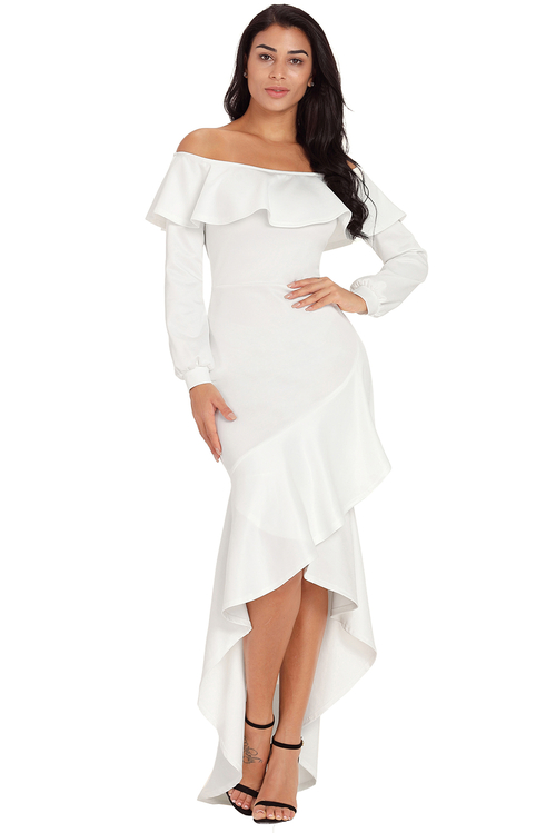 White Lantern Sleeve Asymmetric Ruffle Hem Evening Dress