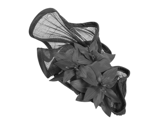 Sculptured black fascinator with leather flowers