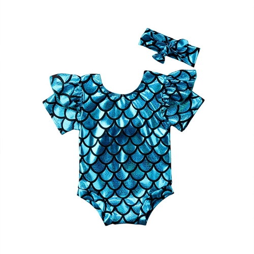 Blue Mermaid Scale Short Sleeve Romper Kids