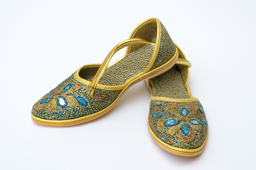 Main Women's Embroidered Juttis – Blue Gold Floral image
